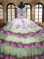 Exceptional Embroidery Ruffled Layers A-line Vestidos de Quinceanera Multi-color V-neck Organza Sleeveless Floor Length Lace Up