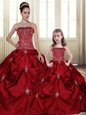 Popular Wine Red Strapless Neckline Embroidery and Pick Ups Sweet 16 Quinceanera Dress Sleeveless Lace Up