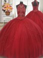 Halter Top Lace Up 15 Quinceanera Dress Red and In for Military Ball and Sweet 16 and Quinceanera with Beading and Appliques Court Train