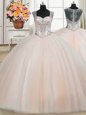 See Through Back Zipper Up Straps Cap Sleeves Quinceanera Gowns Floor Length Beading Peach Tulle