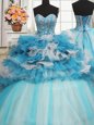 Visible Boning Beaded Bodice Blue And White Lace Up Sweetheart Beading and Ruffled Layers 15th Birthday Dress Tulle Sleeveless