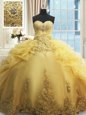 Sweetheart Sleeveless Vestidos de Quinceanera Floor Length Beading and Appliques and Ruffles Gold Organza