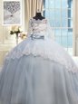 Ideal Brush Train Scalloped Light Blue Ball Gowns Beading and Lace and Bowknot Quinceanera Gowns Lace Up Tulle Half Sleeves