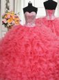 Beaded Bodice Coral Red Sleeveless Floor Length Beading and Ruffles Lace Up Vestidos de Quinceanera