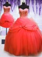 Three Piece Coral Red Sleeveless Tulle Lace Up Quinceanera Gown for Military Ball and Sweet 16 and Quinceanera