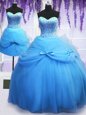 Three Piece Baby Blue Tulle Lace Up Sweetheart Sleeveless Floor Length 15th Birthday Dress Beading and Bowknot
