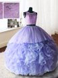 Dramatic Lavender Sweet 16 Quinceanera Dress Military Ball and Sweet 16 and Quinceanera and For with Beading and Lace and Ruffles Scoop Sleeveless Brush Train Zipper
