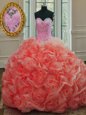 Watermelon Red Ball Gowns Sweetheart Sleeveless Organza Sweep Train Lace Up Beading and Pick Ups Vestidos de Quinceanera