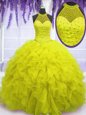 Yellow High-neck Lace Up Beading and Ruffles Ball Gown Prom Dress Sleeveless