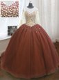 Scoop Organza Long Sleeves Quince Ball Gowns Sweep Train and Beading and Sequins
