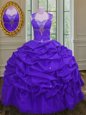 Straps Beading and Pick Ups Sweet 16 Quinceanera Dress Eggplant Purple Lace Up Sleeveless Floor Length