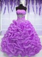 Customized Lilac Ball Gowns Beading Quinceanera Gown Lace Up Organza Sleeveless Floor Length
