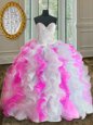 Popular Pink And White Lace Up Vestidos de Quinceanera Beading and Ruffles Sleeveless Floor Length