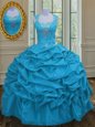 Aqua Blue Ball Gowns Taffeta Straps Sleeveless Beading and Pick Ups Floor Length Lace Up Quinceanera Gown