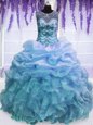 Teal 15th Birthday Dress Military Ball and Sweet 16 and Quinceanera and For with Sequins Strapless Sleeveless Lace Up