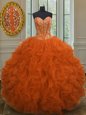 Sleeveless Organza Floor Length Lace Up Ball Gown Prom Dress in Orange Red for with Beading and Ruffles