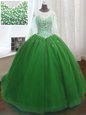 Graceful Scoop Green Organza Lace Up Quince Ball Gowns Long Sleeves Sweep Train Beading and Sequins