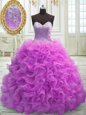 Lilac Ball Gowns Organza Sweetheart Sleeveless Beading and Ruffles Lace Up Quinceanera Dresses Sweep Train