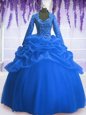 Chic Floor Length Blue Quince Ball Gowns Organza Long Sleeves Sequins and Pick Ups