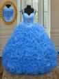 Custom Fit Straps Blue Sleeveless Beading and Ruffles Floor Length Sweet 16 Dress