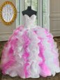 White and Pink Ball Gowns Organza Sweetheart Sleeveless Beading and Ruffles Floor Length Lace Up Quinceanera Gown