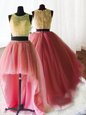 Three Piece Scoop Sleeveless Organza and Tulle and Lace With Brush Train Zipper Quinceanera Dress in Watermelon Red for with Beading and Lace and Ruffles