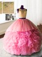 Custom Made Organza and Tulle and Lace Scoop Sleeveless Brush Train Zipper Beading and Lace and Ruffles Vestidos de Quinceanera in Rose Pink