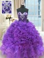 Gorgeous Purple Ball Gowns Sweetheart Sleeveless Organza Floor Length Lace Up Beading and Ruffles Quinceanera Dress