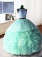 Scoop Sleeveless With Train Beading and Lace and Ruffles Zipper Quinceanera Dresses with Apple Green Brush Train