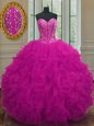 Fuchsia 15 Quinceanera Dress Military Ball and Sweet 16 and Quinceanera and For with Beading and Ruffles Sweetheart Sleeveless Lace Up