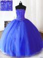 High Quality Royal Blue Strapless Neckline Beading and Appliques Quinceanera Gowns Sleeveless Lace Up