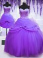 Three Piece Purple Sleeveless Beading and Bowknot Floor Length Sweet 16 Dresses