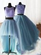 Captivating Three Piece Baby Blue Organza and Tulle and Lace Zipper Scoop Sleeveless With Train Ball Gown Prom Dress Brush Train Beading and Lace and Ruffles