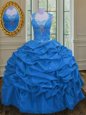 Eye-catching Blue Ball Gowns Taffeta Straps Sleeveless Beading and Pick Ups Floor Length Lace Up Ball Gown Prom Dress