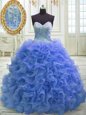 Fashion Sleeveless Beading and Ruffles Lace Up Sweet 16 Dresses with Blue Sweep Train