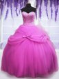 Traditional Sleeveless Tulle Floor Length Lace Up 15th Birthday Dress in Lilac for with Beading and Sequins and Bowknot