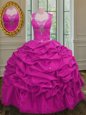 Stylish Fuchsia Straps Neckline Beading and Pick Ups Sweet 16 Dresses Cap Sleeves Lace Up
