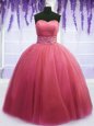 Pink Ball Gowns Beading and Belt Vestidos de Quinceanera Lace Up Tulle Sleeveless Floor Length