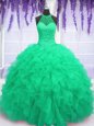 Enchanting Turquoise High-neck Lace Up Beading and Ruffles 15th Birthday Dress Sleeveless