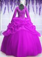 Best Organza V-neck Long Sleeves Zipper Sequins and Pick Ups Quinceanera Dresses in Fuchsia