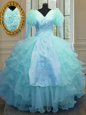 Graceful Blue Zipper V-neck Embroidery and Ruffled Layers 15 Quinceanera Dress Organza Long Sleeves