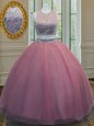 Scoop Ruffled Layers and Sashes|ribbons 15th Birthday Dress Pink Zipper Sleeveless Floor Length