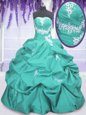 Extravagant Floor Length Lace Up Sweet 16 Dress Aqua Blue and In for Military Ball and Sweet 16 and Quinceanera with Appliques and Ruching and Pick Ups