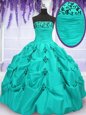Deluxe Mermaid Strapless Sleeveless 15th Birthday Dress Floor Length Embroidery and Pick Ups Aqua Blue Taffeta