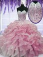 Rose Pink Sweetheart Neckline Beading and Ruffles Sweet 16 Quinceanera Dress Sleeveless Lace Up