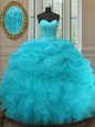 Ideal Floor Length Aqua Blue Sweet 16 Dress Organza Sleeveless Beading and Ruffles and Pick Ups