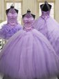 Captivating Three Piece Halter Top Sleeveless Sweet 16 Dresses Brush Train Sequins Lavender Tulle