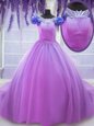 Scoop Lilac Ball Gowns Hand Made Flower Quinceanera Gowns Lace Up Tulle Short Sleeves Floor Length