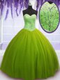 Designer Olive Green Tulle Lace Up Quinceanera Gowns Sleeveless Floor Length Beading