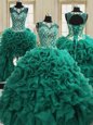 Captivating Four Piece Scoop Floor Length Lace Up Quinceanera Gown Dark Green and In for Military Ball and Sweet 16 and Quinceanera with Beading and Ruffles